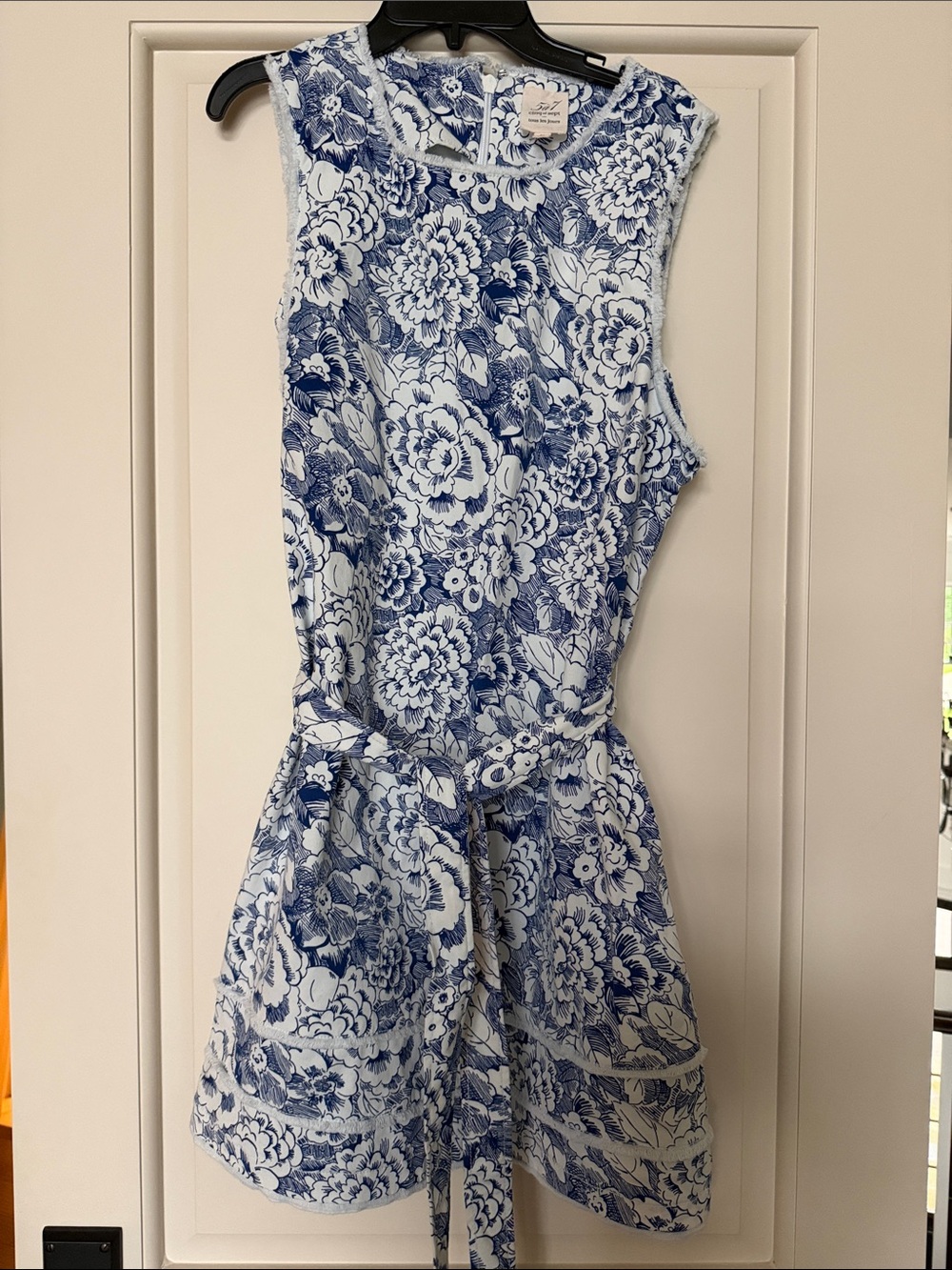 Sleeveless Blue Floral Tie-Waist Dress
